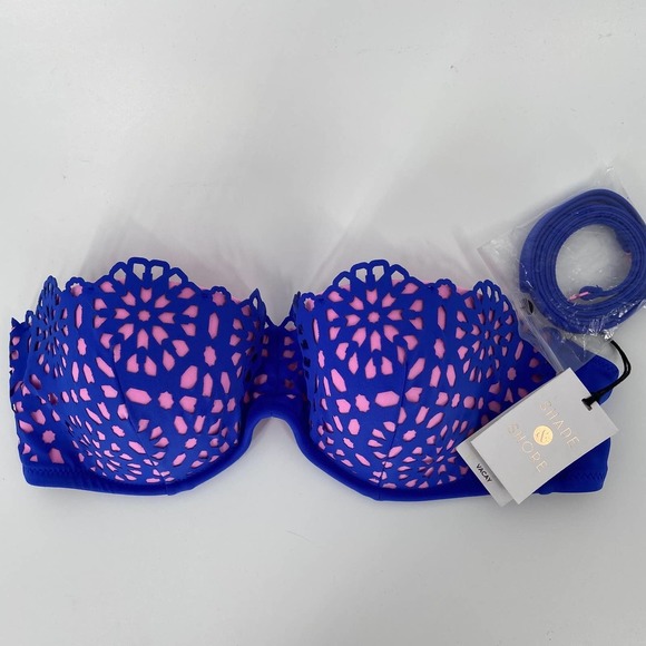 Shade & Shore Other - Shade & Shore Vacay Bikini Top Light Lift Bandeau Blue Cutout Mesh Overlay, 36b